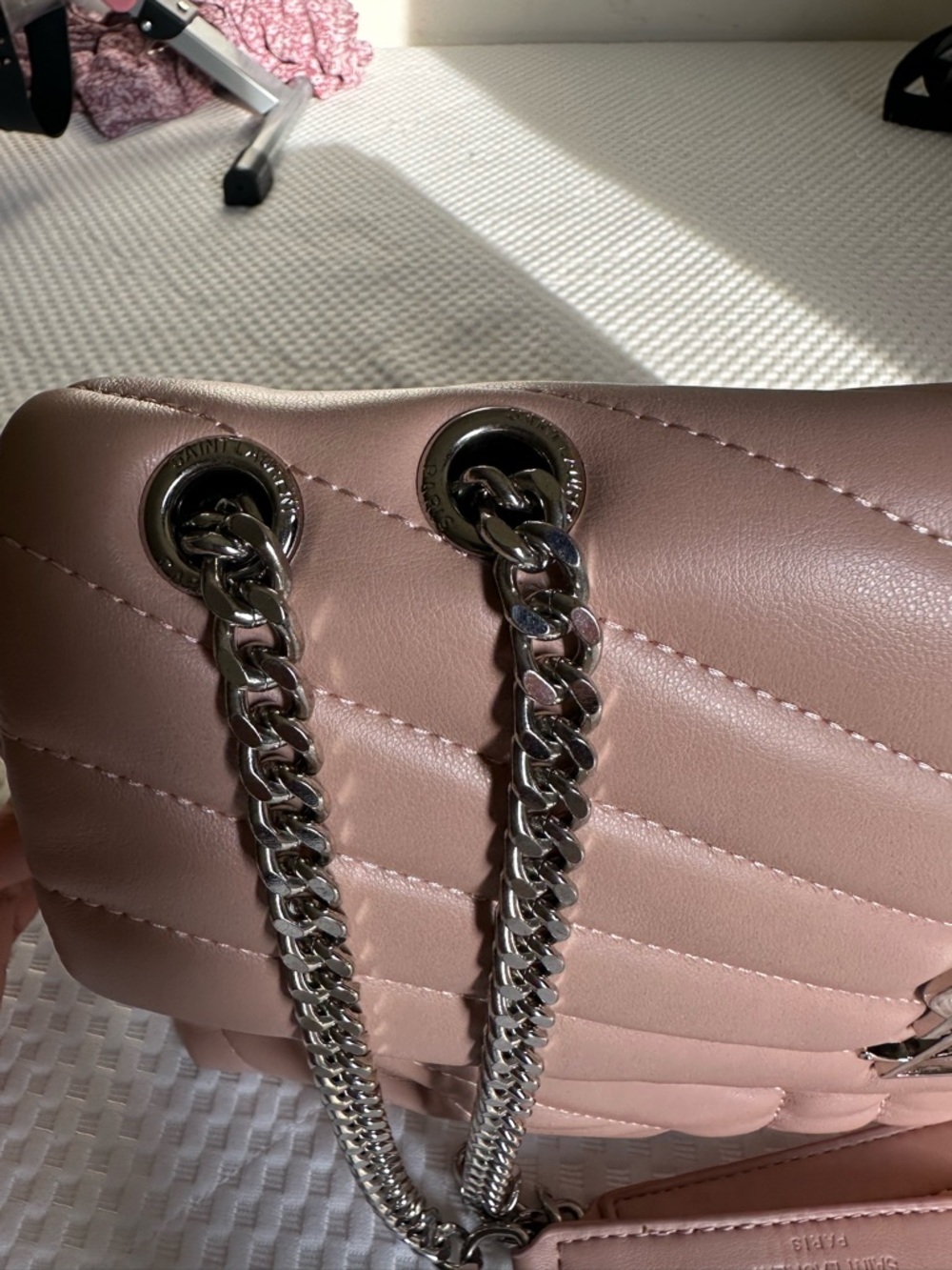 Saint Laurent Chevron Quilted Shoulder Bag in Pale Pink with Silver Hardware - Picture 6 of 8